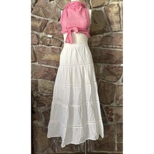 Women’s White embroidered  Cotton Maxi Skirt P.XL Tiered Layered Elastic Pull-On